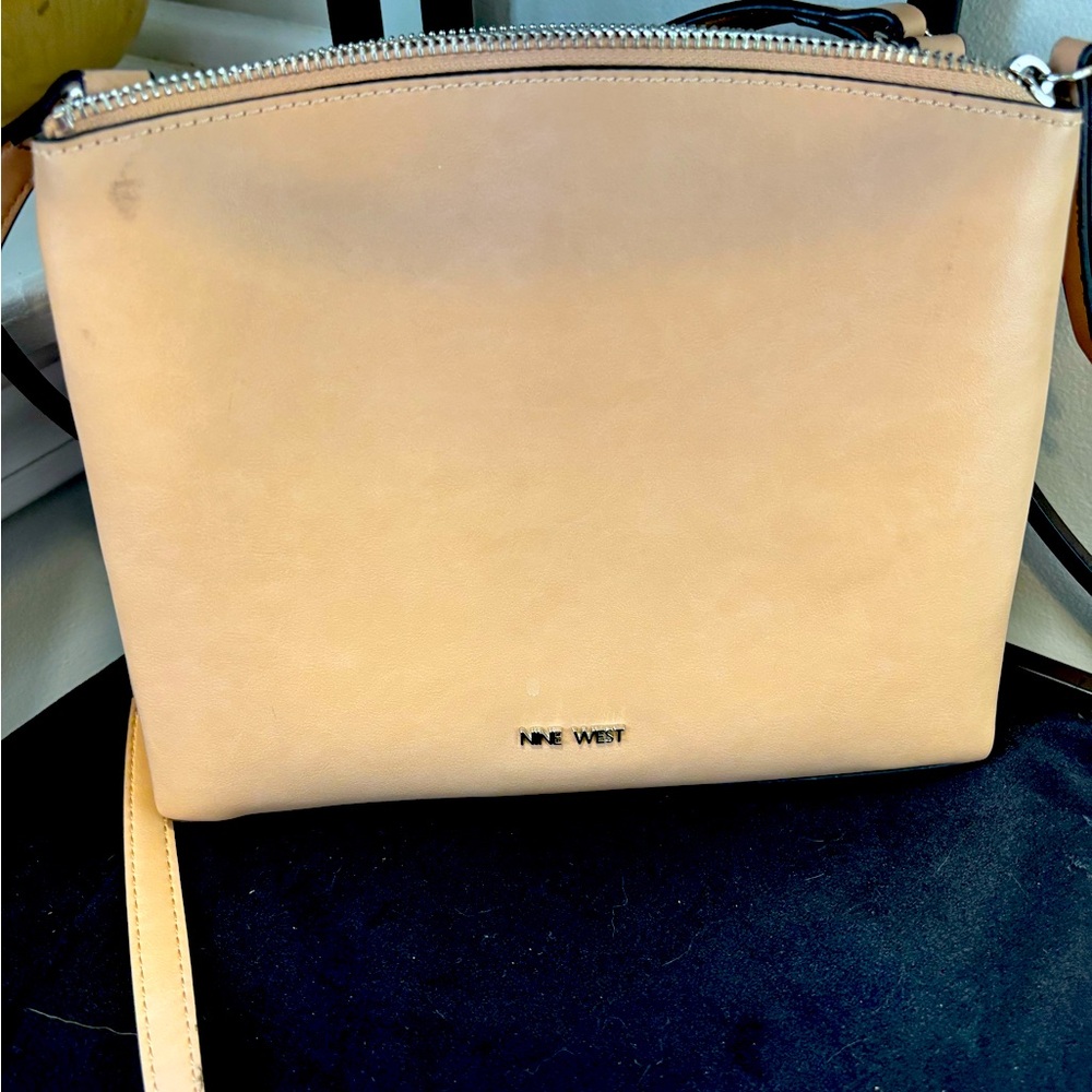 Nine West Tan Crossbody Bag with Structured Design and Metallic Accents